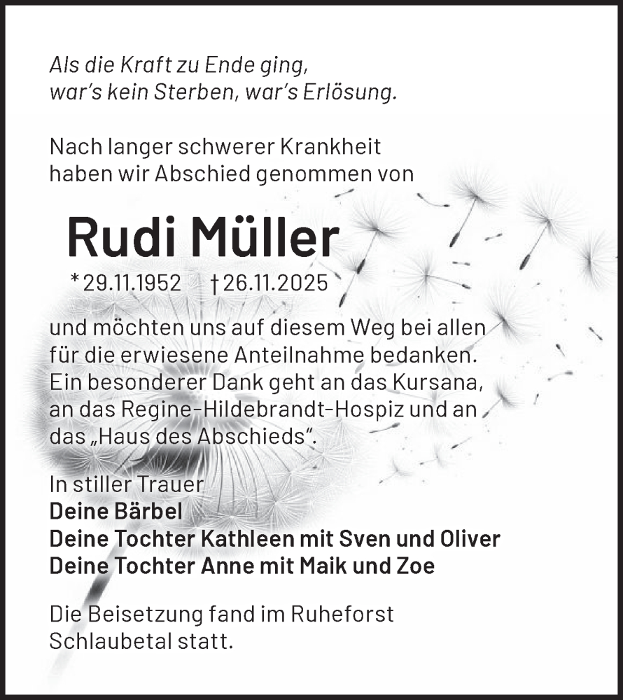  Traueranzeige für Rudi Müller vom 20.12.2025 aus Märkische Oderzeitung