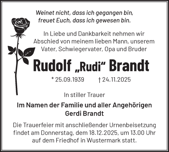 Traueranzeige von Rudolf Brandt von Märkische Oderzeitung