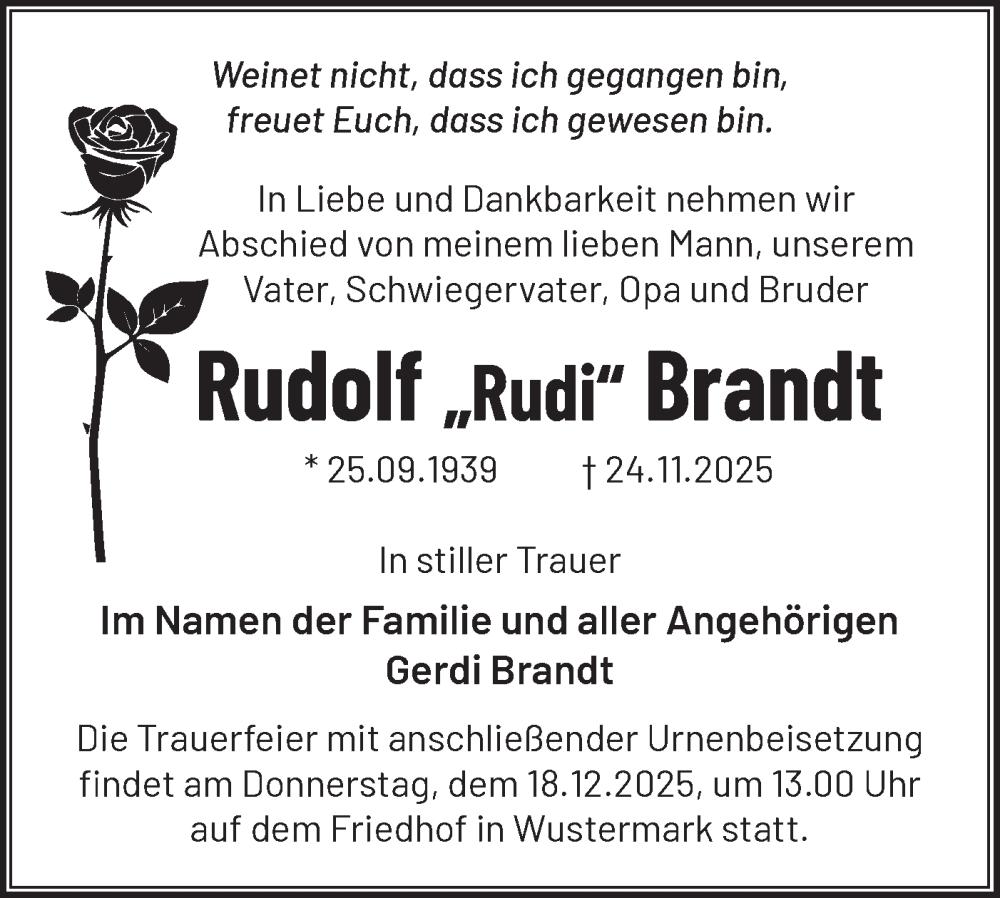  Traueranzeige für Rudolf Brandt vom 06.12.2025 aus Märkische Oderzeitung