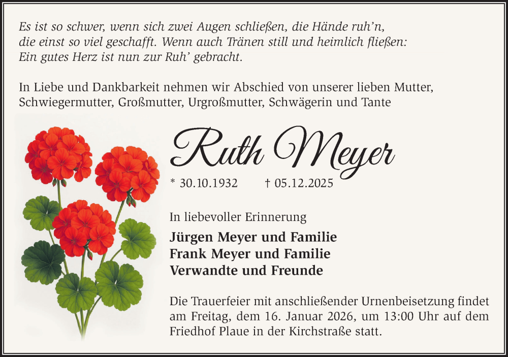  Traueranzeige für Ruth Meyer vom 20.12.2025 aus Märkische Oderzeitung
