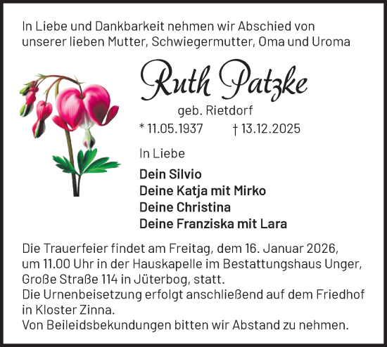 Traueranzeige von Ruth Patzke von Blickpunkt Jüterbog/Luckenwalde