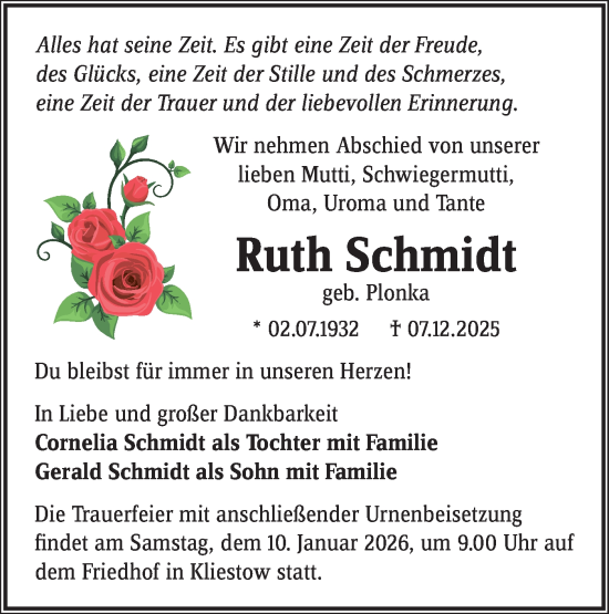 Traueranzeige von Ruth Schmidt von Märkische Oderzeitung