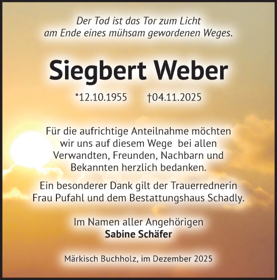 Traueranzeige von Siegbert Weber von Blickpunkt Königs Wusterhausen