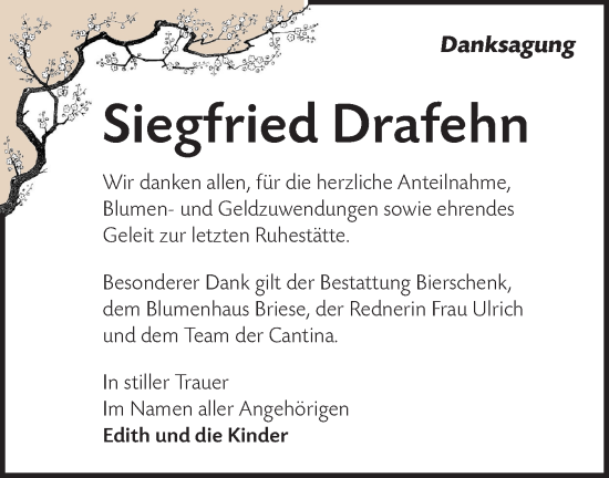 Traueranzeige von Siegfried Drafehn von Märkische Oderzeitung