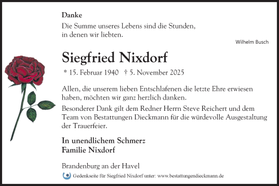 Traueranzeige von Siegfried Nixdorf von Märkische Oderzeitung