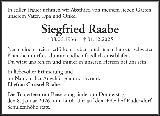 Traueranzeige von Siegfried Raabe von Märkische Oderzeitung