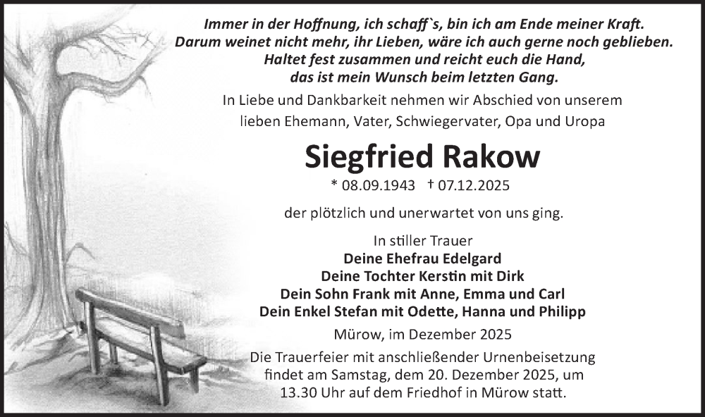  Traueranzeige für Siegfried Rakow vom 13.12.2025 aus MO Uckerm.-Anz.