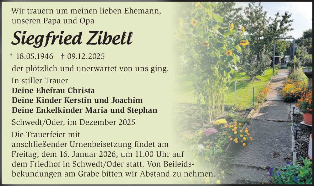  Traueranzeige für Siegfried Zibell vom 20.12.2025 aus MO Uckerm.-Anz.