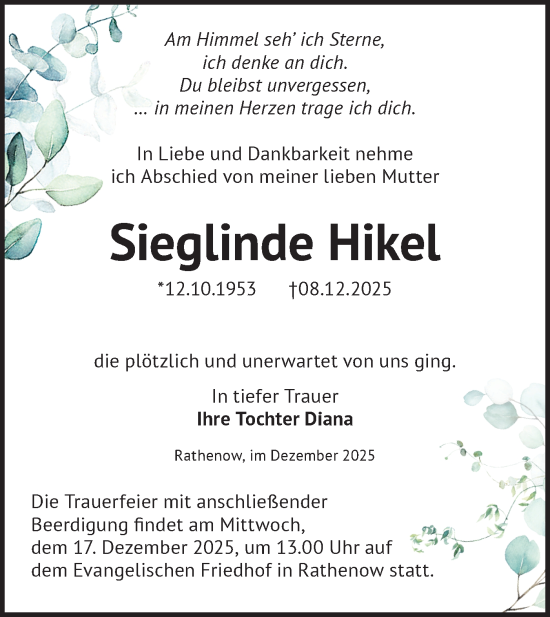 Traueranzeige von Sieglinde Hikel von Märkische Oderzeitung