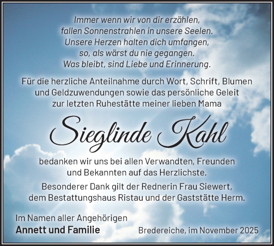 Traueranzeige von Sieglinde Kahl von Märkische Oderzeitung