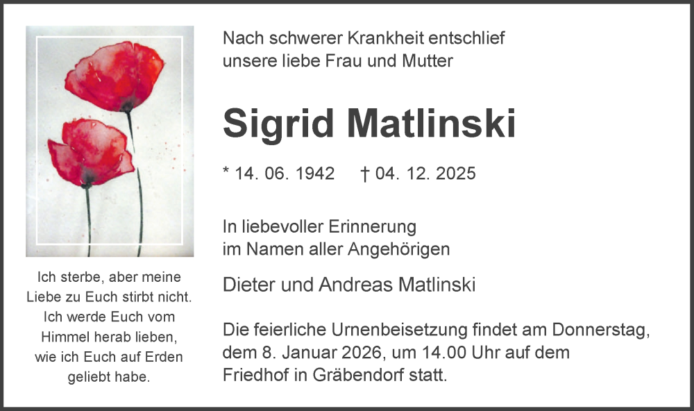  Traueranzeige für Sigrid Matlinski vom 13.12.2025 aus Blickpunkt Königs Wusterhausen