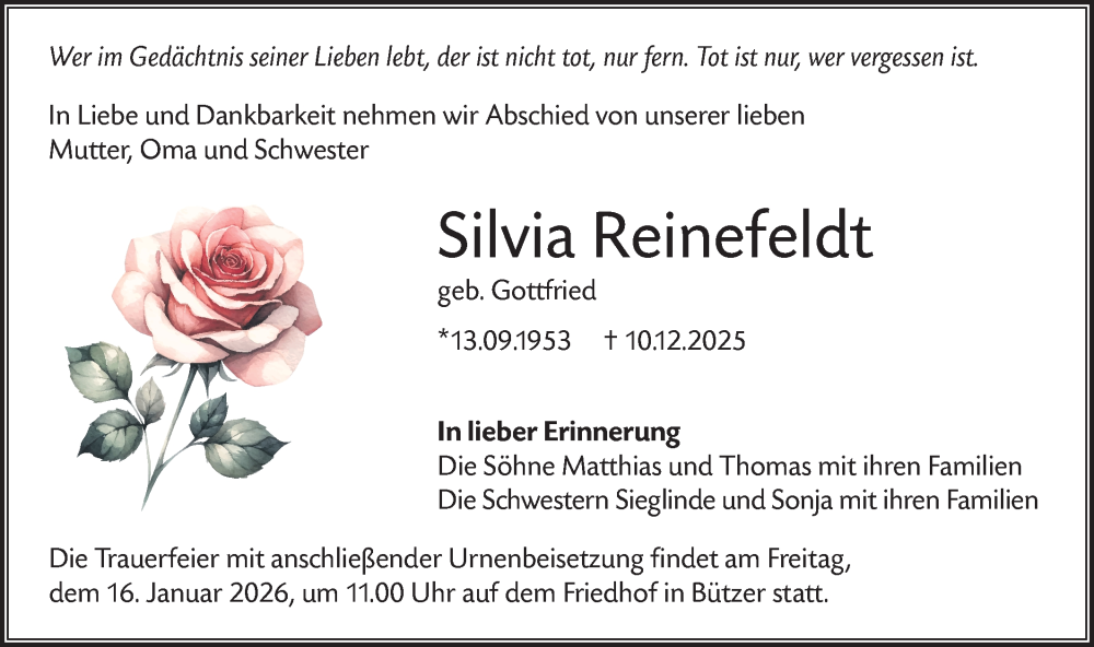  Traueranzeige für Silvia Reinefeldt vom 20.12.2025 aus Märkische Oderzeitung