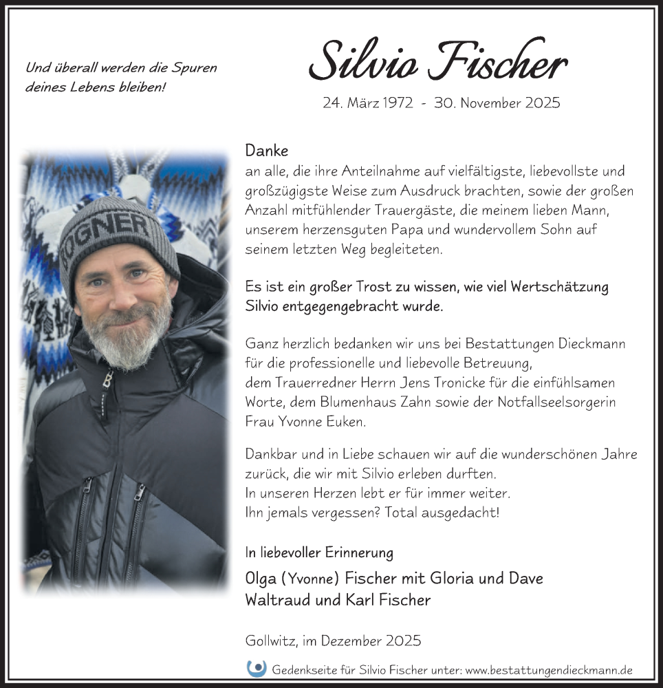  Traueranzeige für Silvio Fischer vom 20.12.2025 aus Märkische Oderzeitung