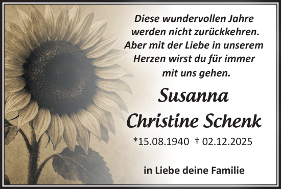 Traueranzeige von Susanna Christine Schenk von Märkische Oderzeitung