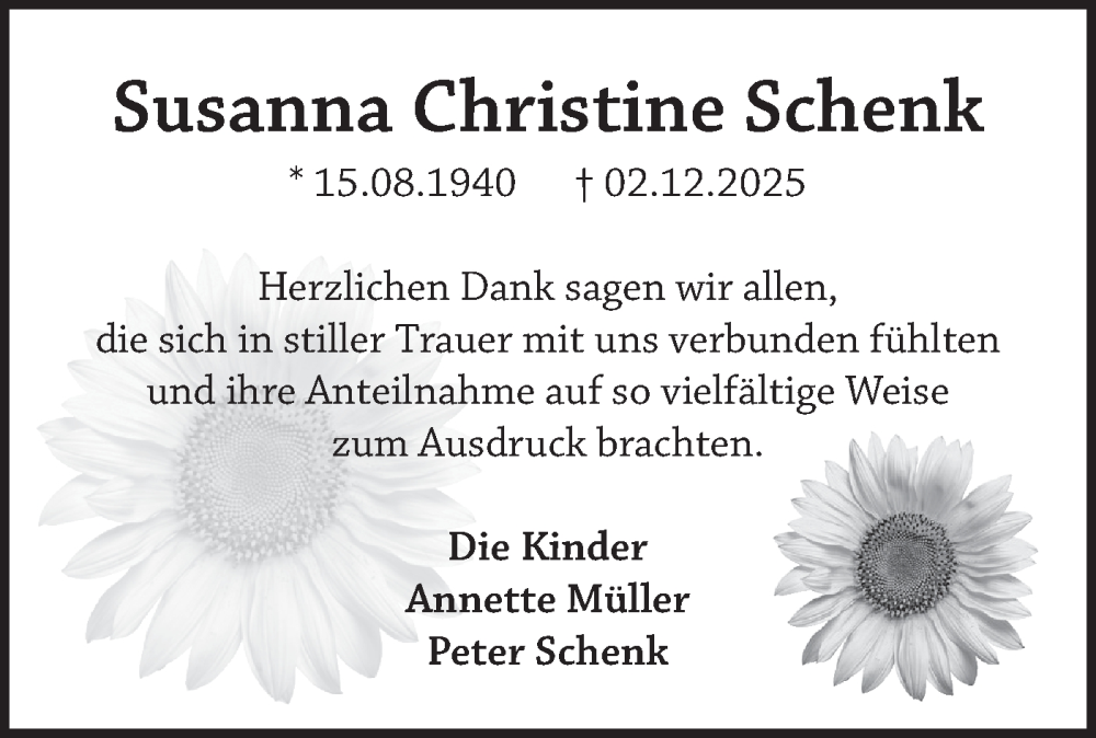  Traueranzeige für Susanna Christine Schenk vom 20.12.2025 aus Märkische Oderzeitung