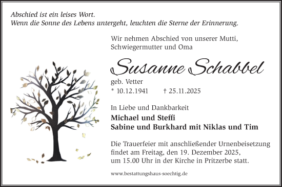 Traueranzeige von Susanne Schabbel von Märkische Oderzeitung