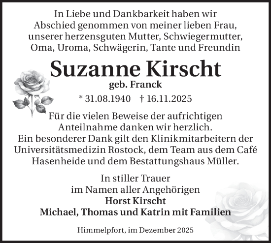 Traueranzeige von Suzanne Kirscht von Märkische Oderzeitung