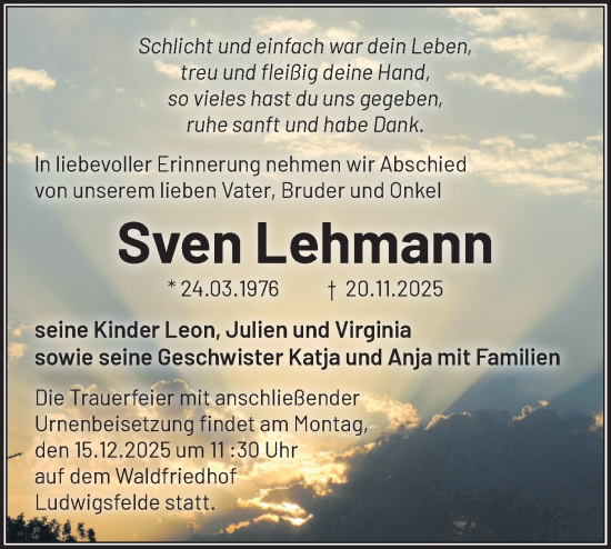 Traueranzeige von Sven Lehmann von Blickpunkt Ludwigsfelde/Zossen
