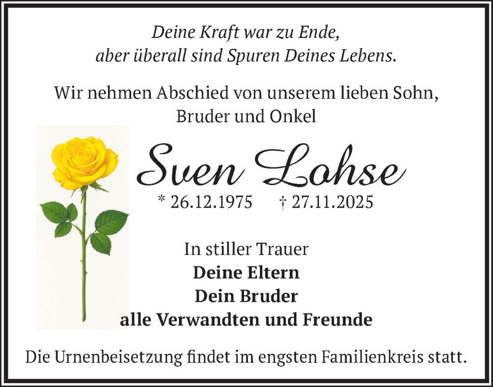  Traueranzeige für Sven Lohse vom 13.12.2025 aus Märkische Oderzeitung