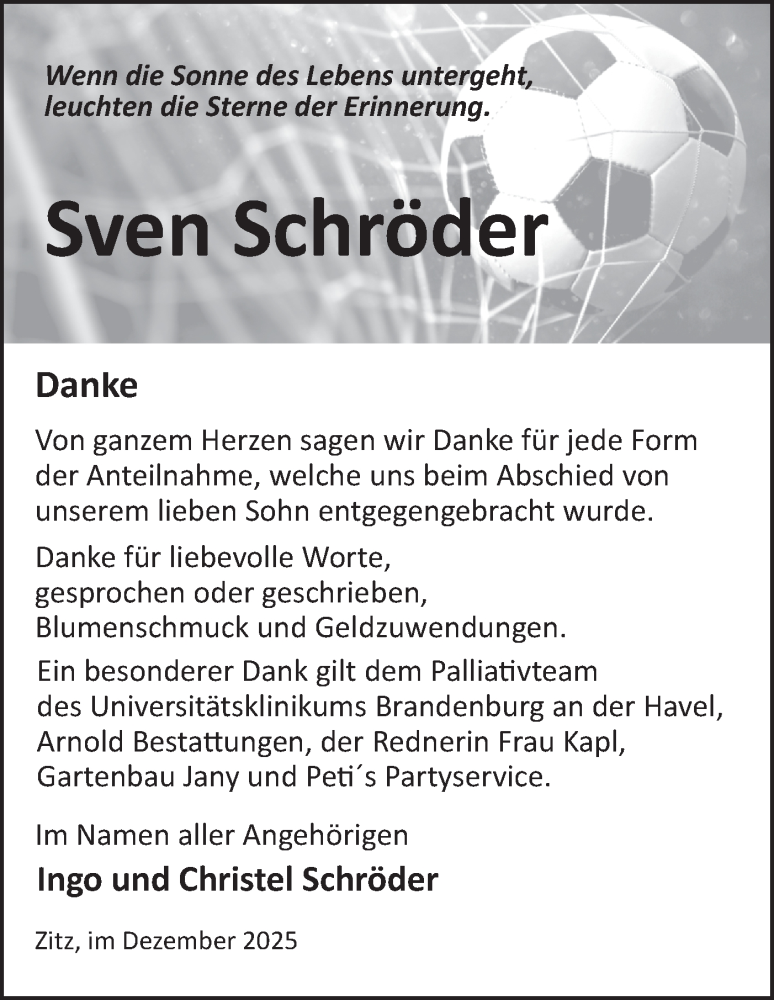  Traueranzeige für Sven Schröder vom 06.12.2025 aus Märkische Oderzeitung