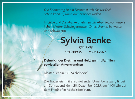 Traueranzeige von Sylvia Benke von Märkische Oderzeitung