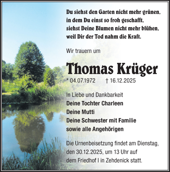 Traueranzeige von Thomas Krüger von Märkische Oderzeitung