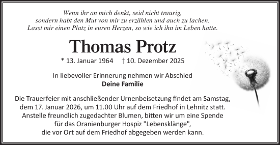 Traueranzeige von Thomas Protz von Märkische Oderzeitung