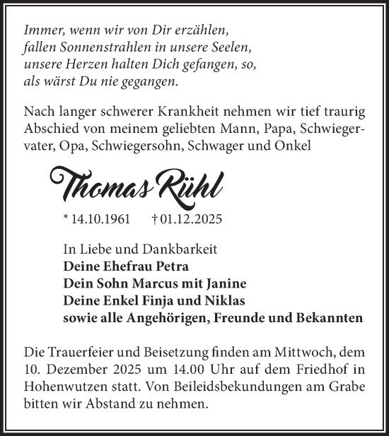 Traueranzeige von Thomas Rühl von MO Oderld.-Echo