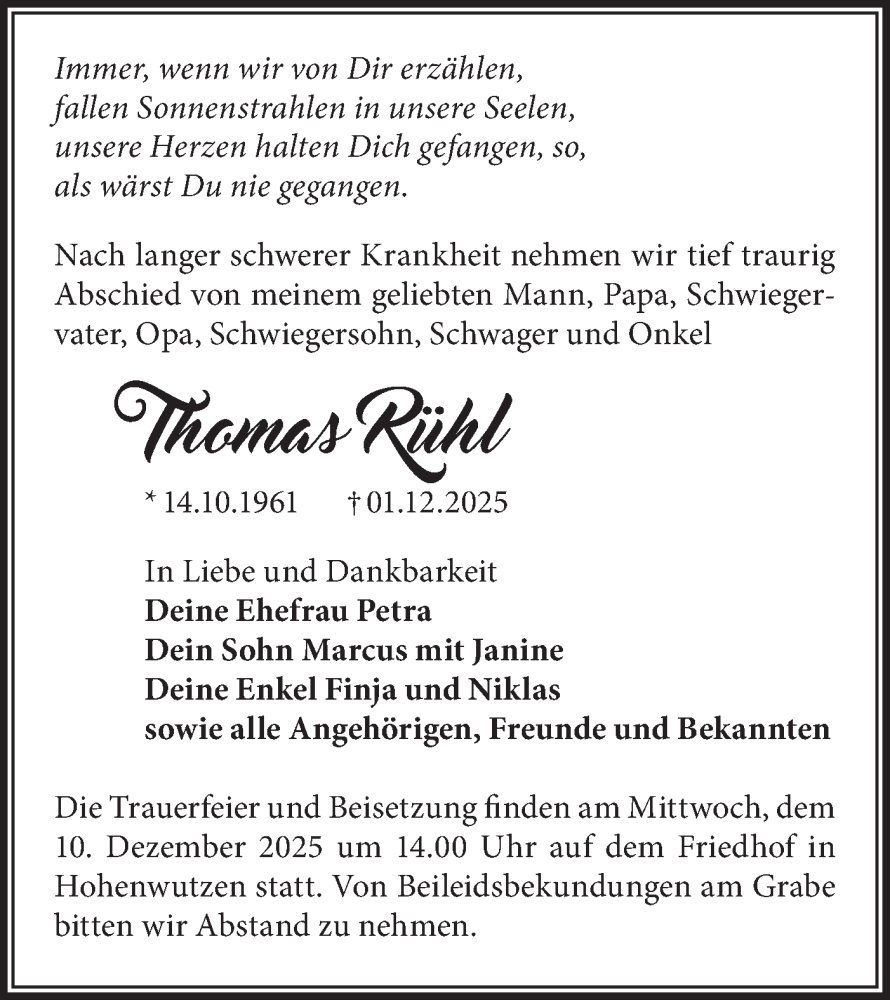  Traueranzeige für Thomas Rühl vom 06.12.2025 aus MO Oderld.-Echo