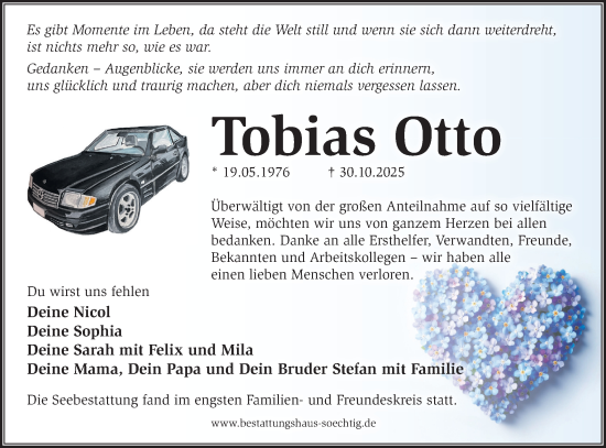 Traueranzeige von Tobias Otto von Märkische Oderzeitung