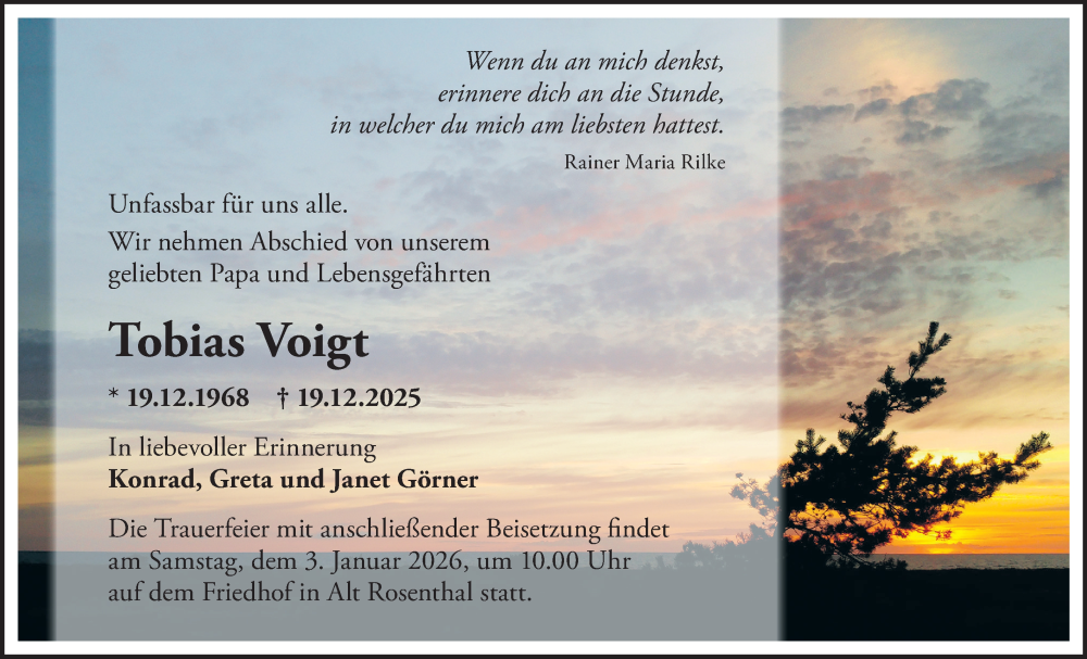  Traueranzeige für Tobias Voigt vom 27.12.2025 aus MO Oderld.-Echo