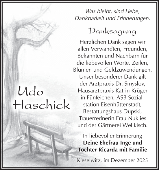 Traueranzeige von Udo Haschick von Märkische Oderzeitung