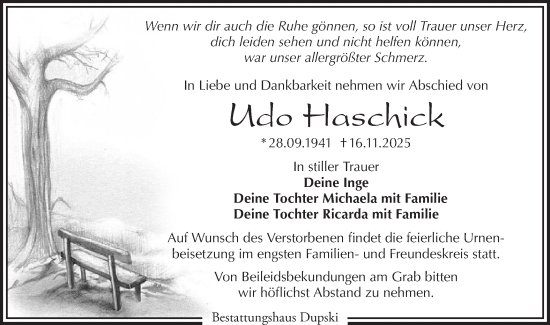 Traueranzeige von Udo Haschick von Märkische Oderzeitung