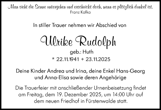 Traueranzeige von Ulrike Rudolph von Märkische Oderzeitung