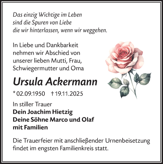Traueranzeige von Ursula Ackermann von Märkische Oderzeitung