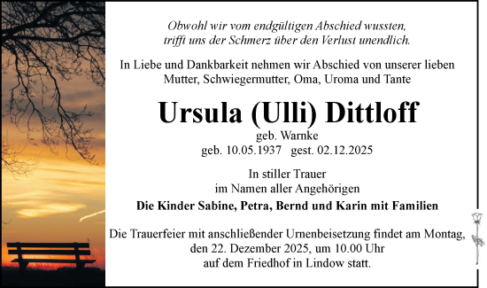 Traueranzeige von Ursula Dittloff von Märkische Oderzeitung