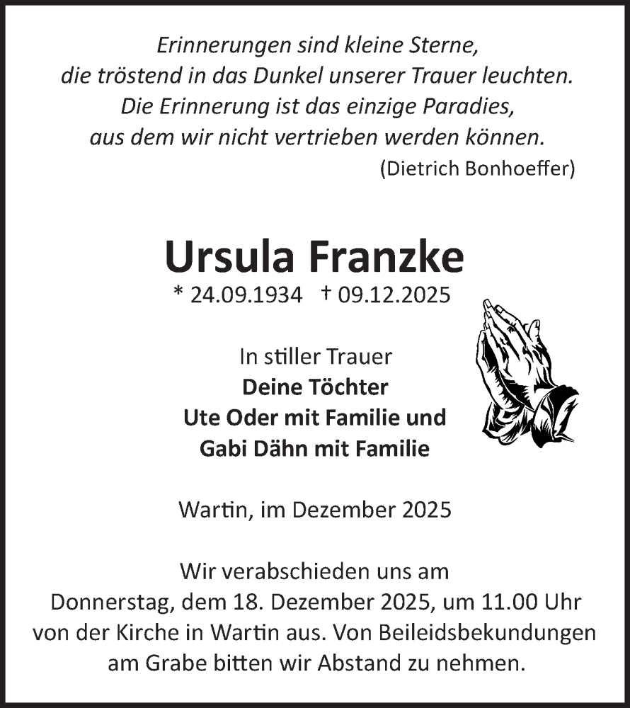  Traueranzeige für Ursula Franzke vom 13.12.2025 aus MO Uckerm.-Anz.