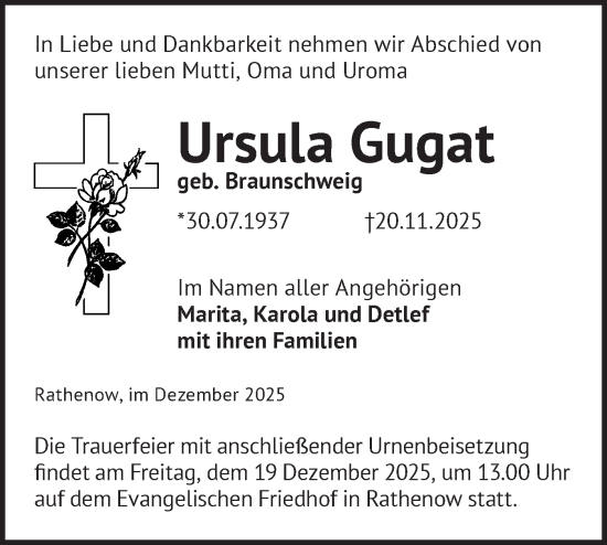 Traueranzeige von Ursula Gugat von Märkische Oderzeitung