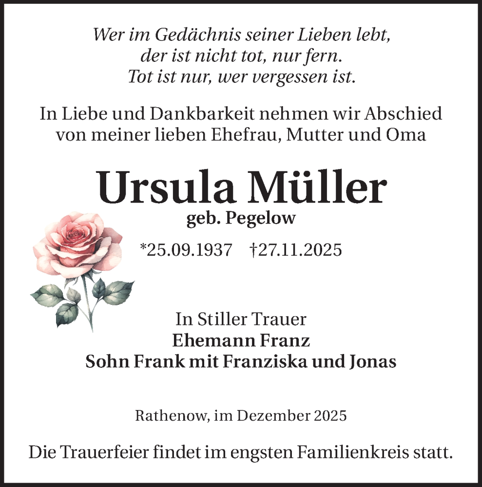  Traueranzeige für Ursula Müller vom 13.12.2025 aus Märkische Oderzeitung