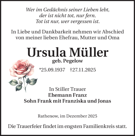 Traueranzeige von Ursula Müller von Märkische Oderzeitung