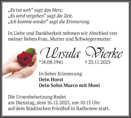 Traueranzeige von Ursula Vierke von Märkische Oderzeitung