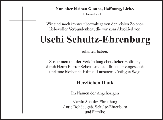 Traueranzeige von Uschi Schultz-Ehrenburg von Märkische Oderzeitung