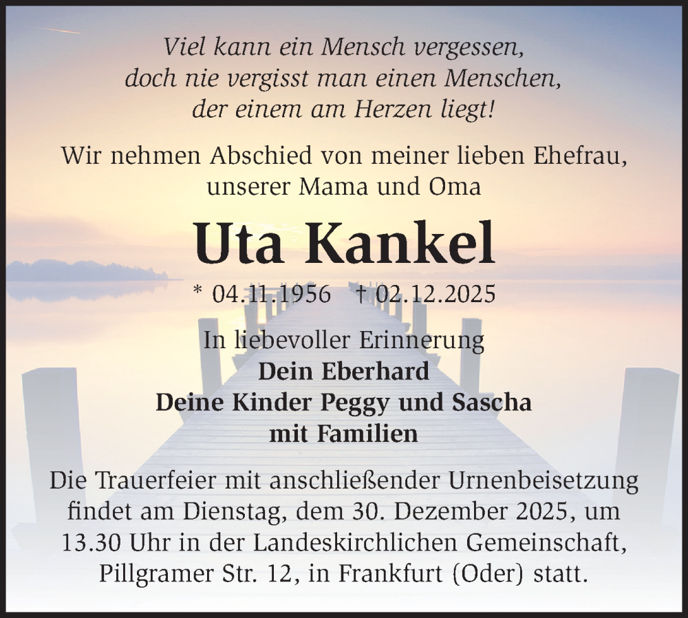  Traueranzeige für Uta Kankel vom 13.12.2025 aus Märkische Oderzeitung