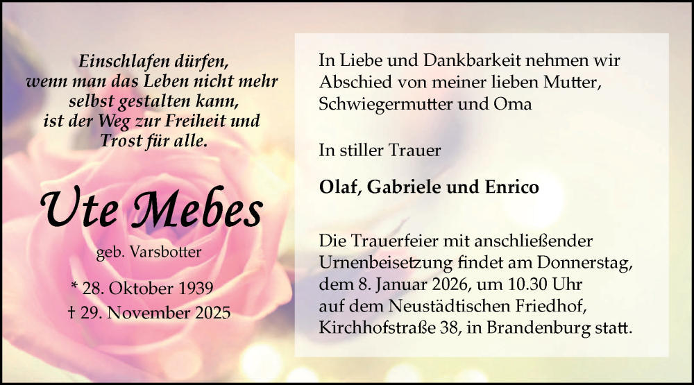  Traueranzeige für Ute Mebes vom 06.12.2025 aus Märkische Oderzeitung