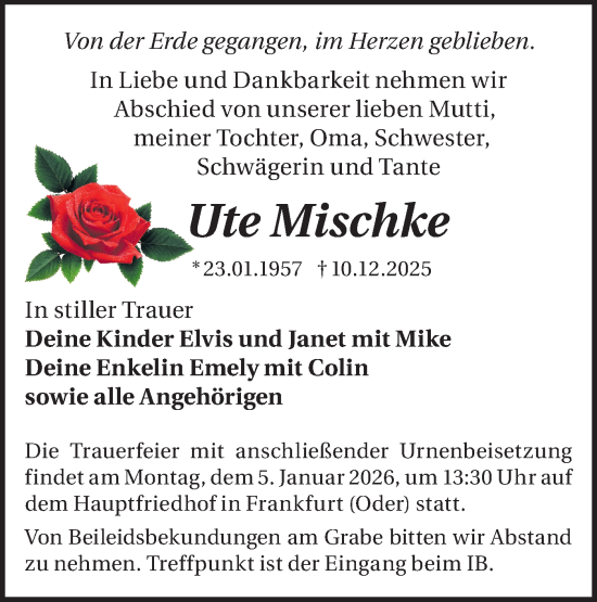 Traueranzeige von Ute Mischke von MO Oderld.-Echo