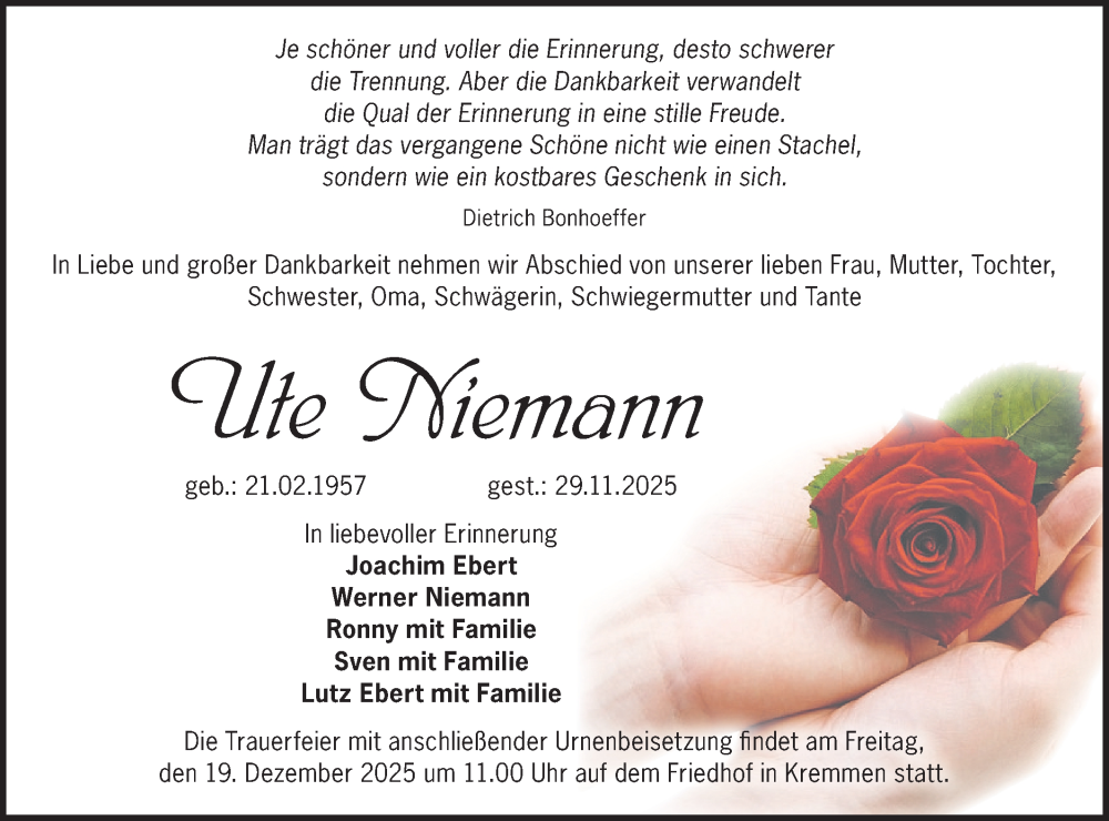  Traueranzeige für Ute Niemann vom 13.12.2025 aus Märkische Oderzeitung