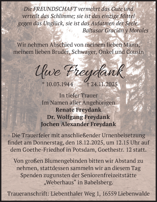 Traueranzeige von Uwe Freydank von Märkische Oderzeitung