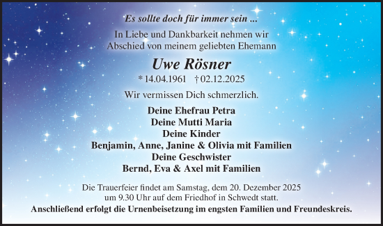 Traueranzeige von Uwe Rösner von MO Uckerm.-Anz.