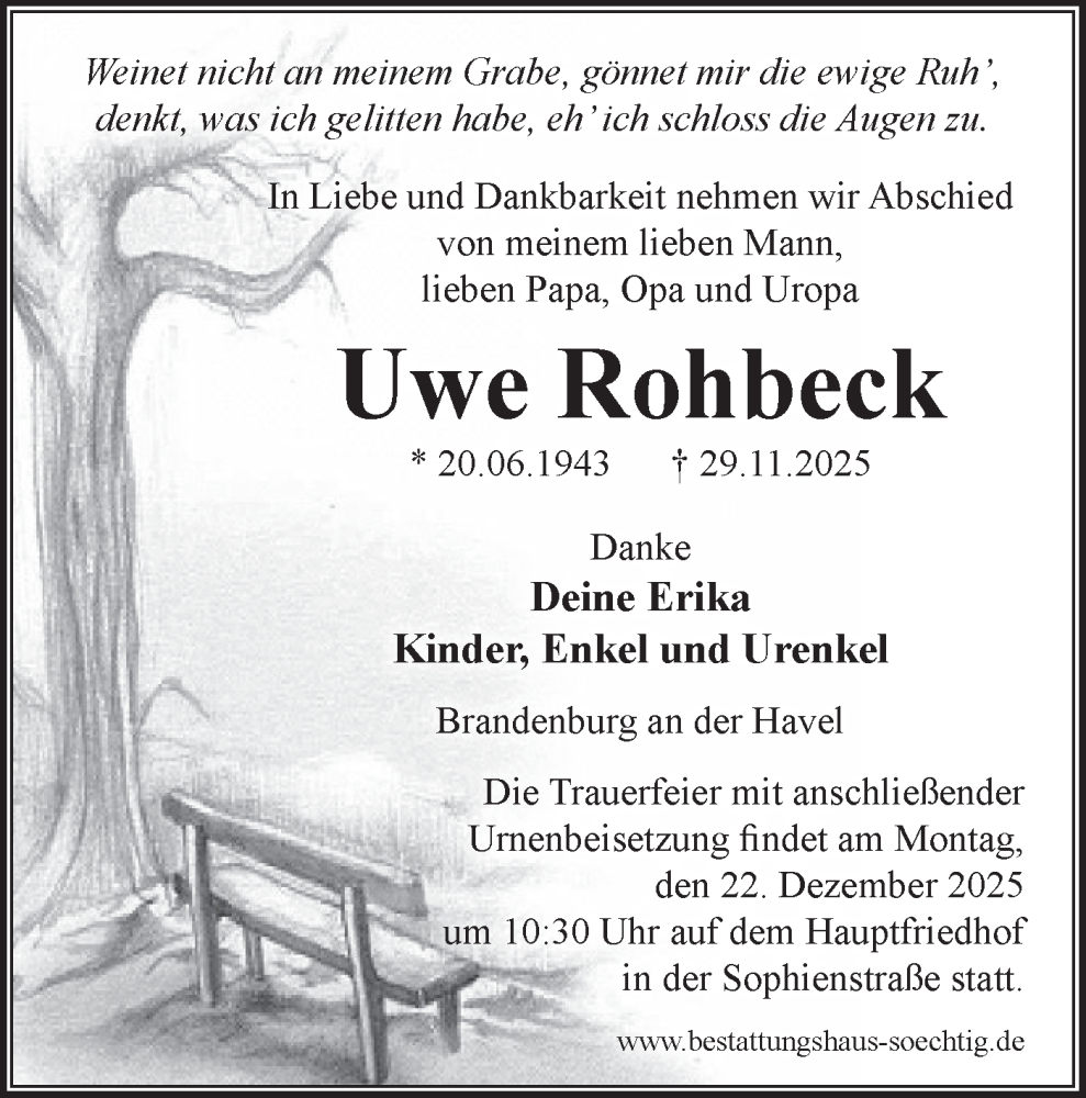  Traueranzeige für Uwe Rohbeck vom 13.12.2025 aus Märkische Oderzeitung