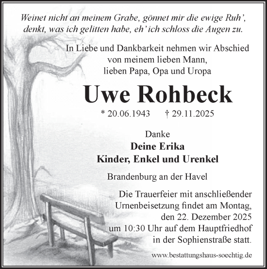 Traueranzeige von Uwe Rohbeck von Märkische Oderzeitung